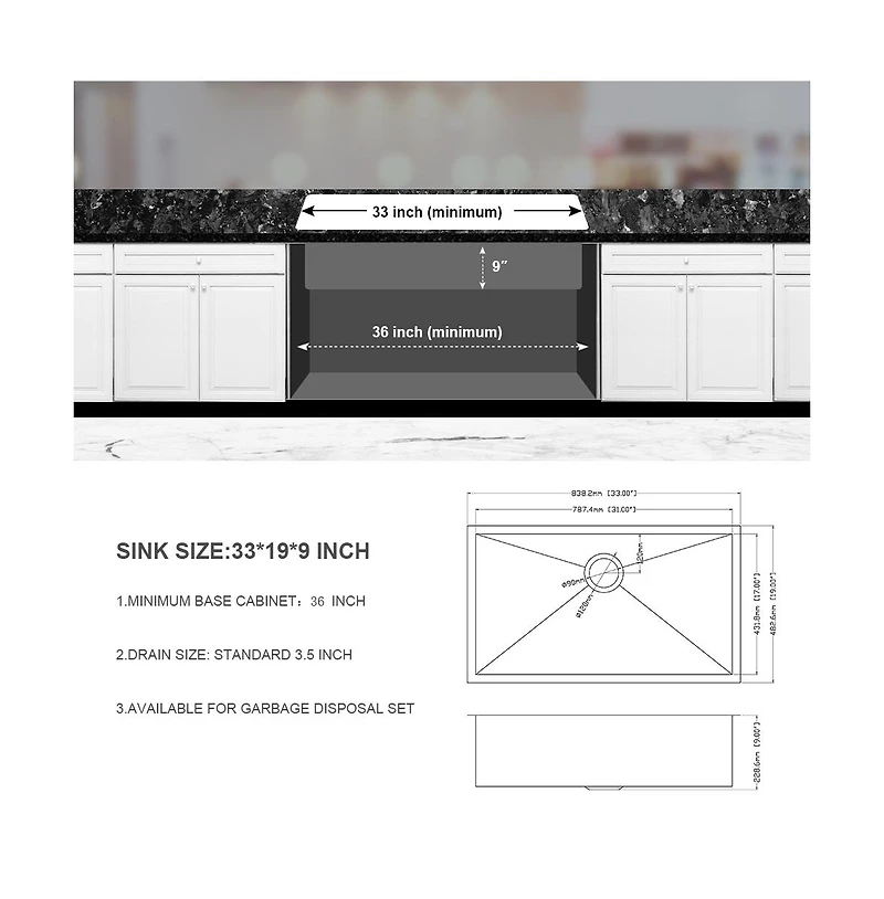 flynama 33x19x9inch 16 Gauge 304 Stainless Steel Undermount Single Bowl Kitchen Sink with Drain Assembly No Additional Accessories