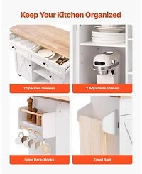 Volenca 52" Kitchen Island Cart with Solid Wood Top, Storage Cabinet, Drop Leaf, Drawers, Spice Rack, Towel Rack, Swivel Wheels