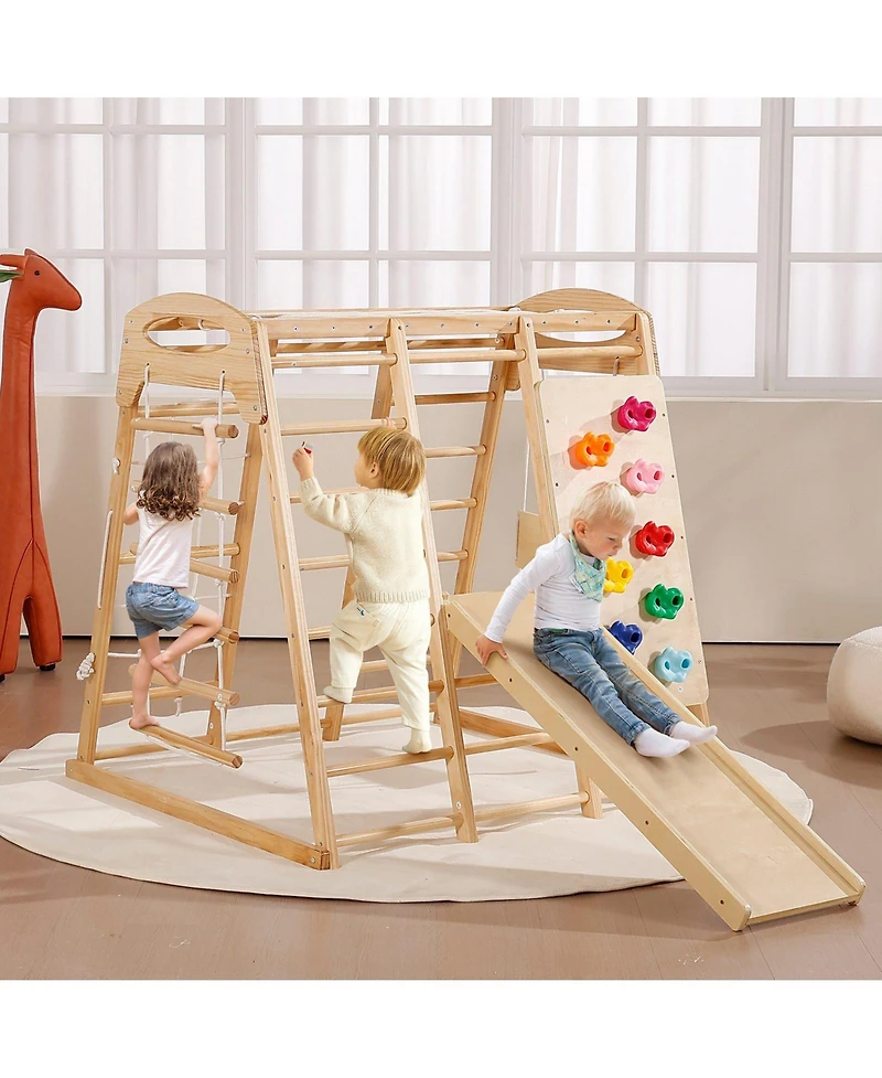 Mecale 7-in-1 Indoor Jungle Gym, Wooden Climbing Playset w/ Ladders, Net, Swing, Monkey Bars, Slide & Wall