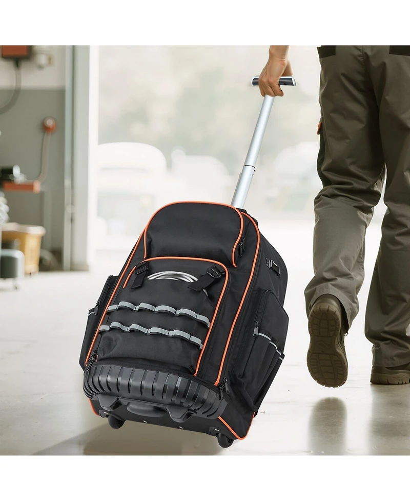 Mecale Rolling Tool Backpack on Wheels, 110 lb Capacity, 72 Pockets, Heavy-Duty Tool Organizer, Telescoping Handle, Stable Base