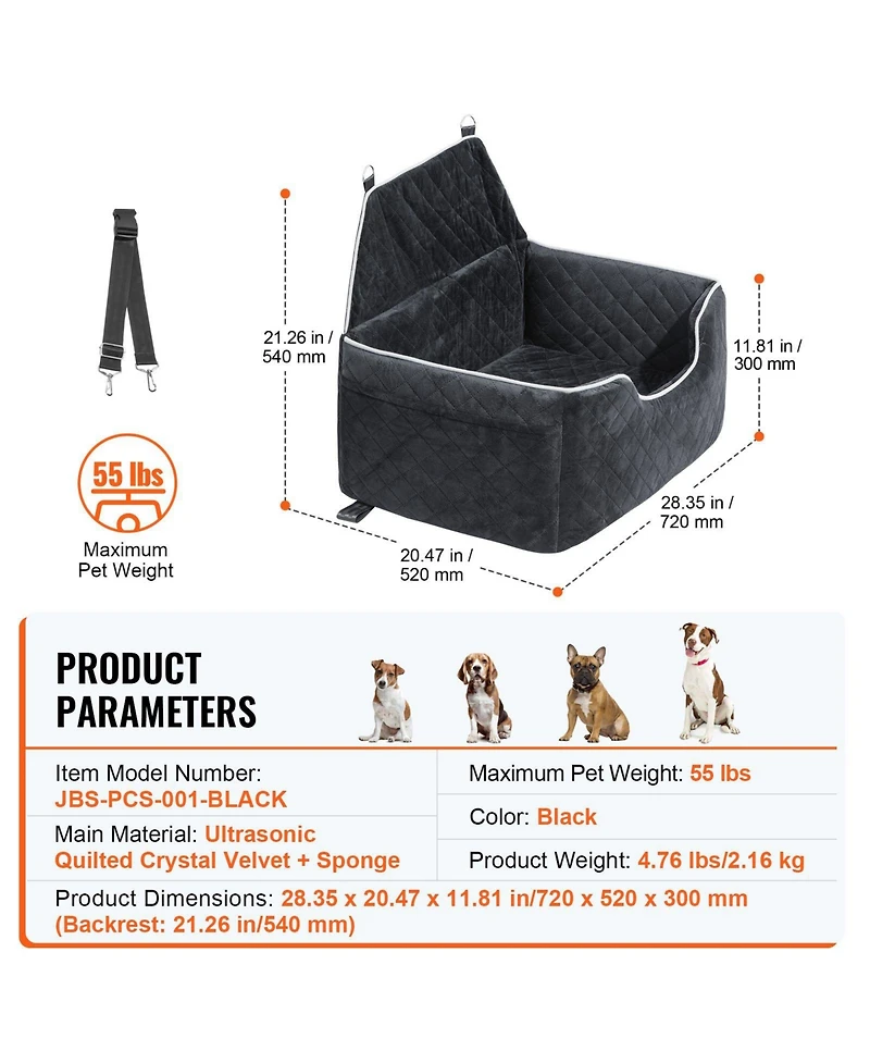 Cozito Dog Car Booster Seat w/ Storage Pocket & Safety Leash, Sponge Fill, Dog Car Bed for Medium/Large Dogs up to 55 lb, Black