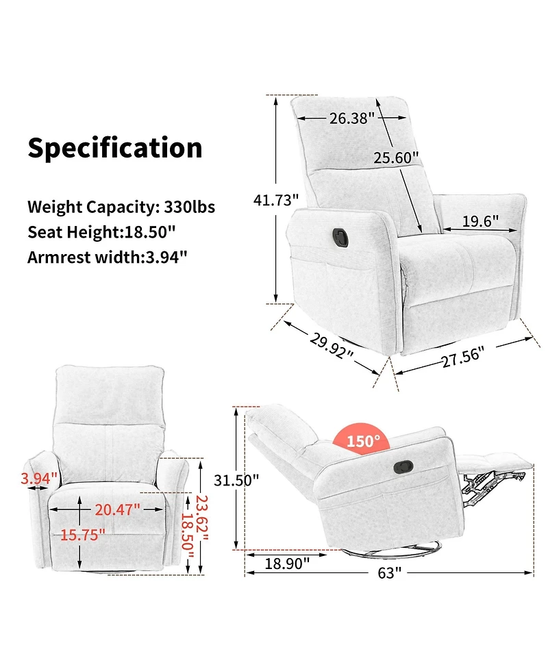 Clihome 360 Swivel Recliner Chair, Manual Rocker with Extendable Footrest & Side Pockets