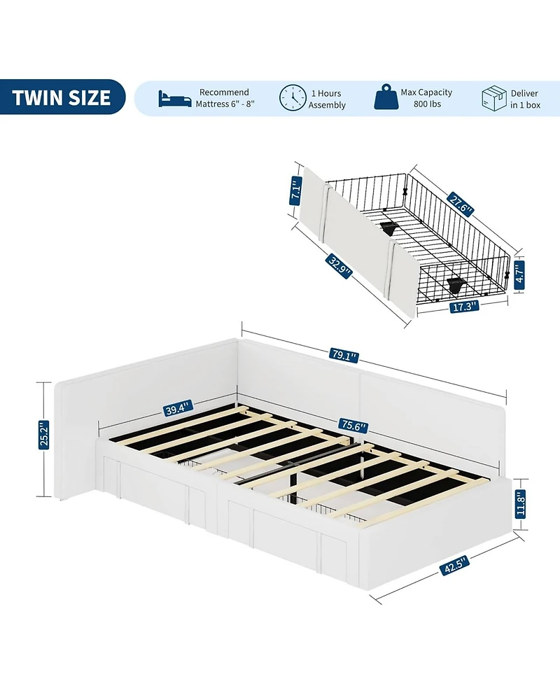 gaomon Twin Daybed with Storage Drawers, Velvet Upholstered Corner Bed Frame, Adjustable Headboard & Guardrails