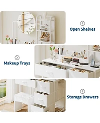 gaomon Vanity Desk with Mirror and Lights, Wood Dressing Table 4 Fabric Drawers, Makeup Hair Dryer Rack for Bedroom Room
