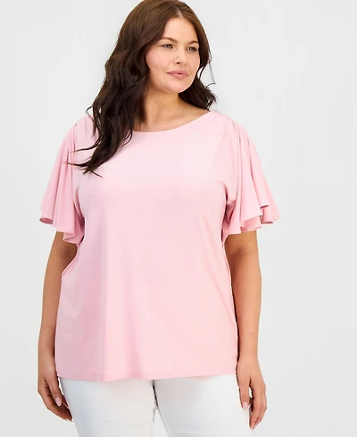 Anne Klein Plus Crewneck Cascade-Flutter-Sleeve Top