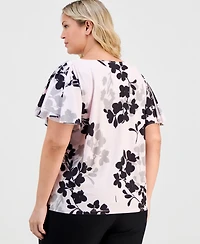Anne Klein Plus Printed Flutter-Sleeve Top