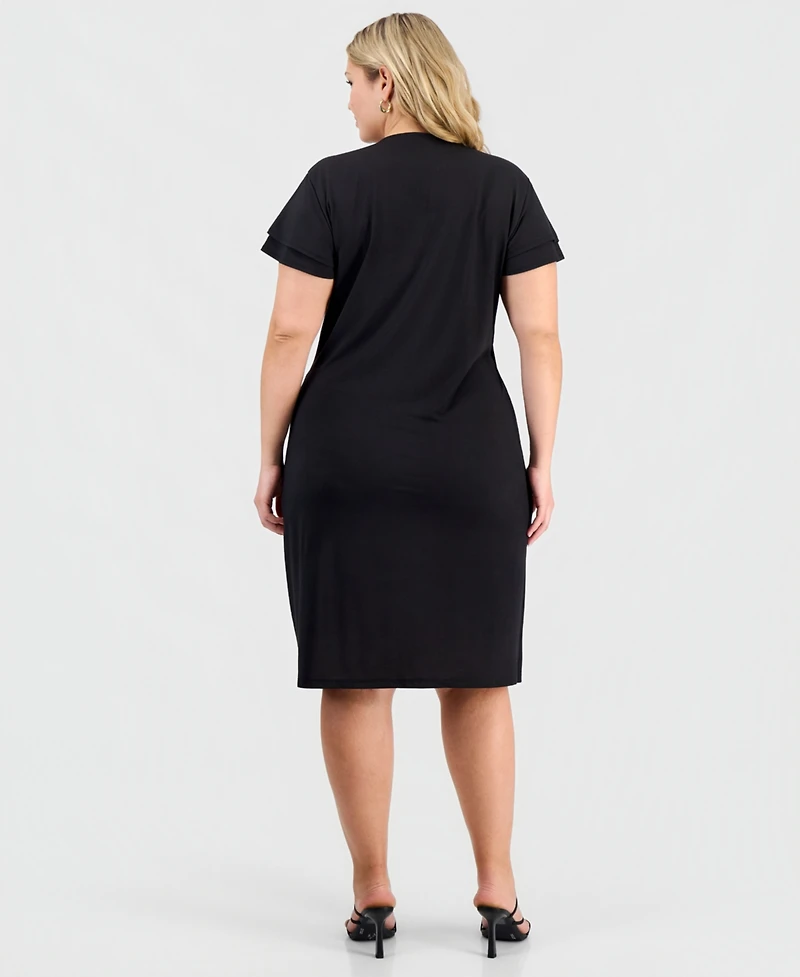 Anne Klein Plus Flutter-Sleeve Faux-Wrap Dress
