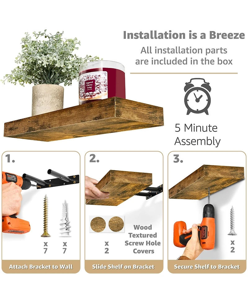 Sorbus 5 Pack 16 Inch Sorbus Long Floating Wall Shelves for Bedroom, Decor, Kitchen, Living Room - for Trophies, Frames