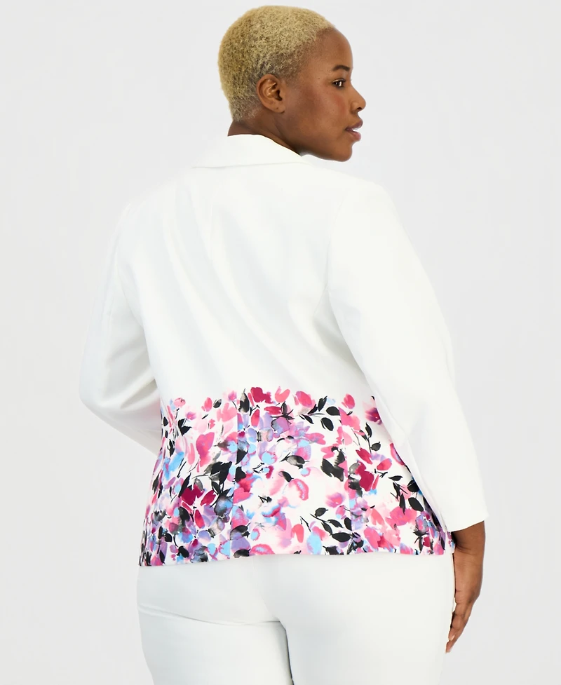 Kasper Plus Floral-Trim Two-Button 3/4-Sleeve Jacket
