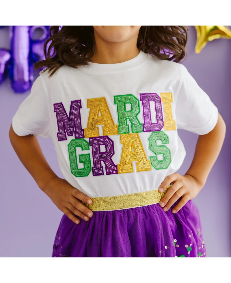 Sweet Wink Toddler Girls Mardi Gras Sequin Patch Short Sleeve T-Shirt