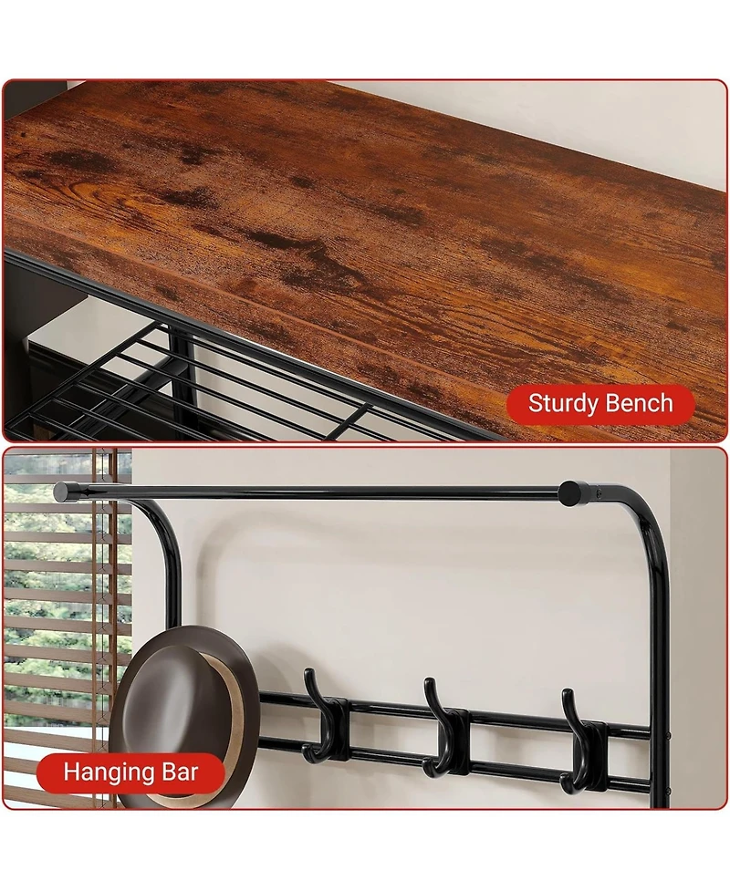 gaomon Entryway Hall Tree, 4-in-1 Freestanding Coat Rack with Shoe Storage Bench, 3-Tier Shelf, Hanging Rod, and 8 Adjustable Hooks for Entryway