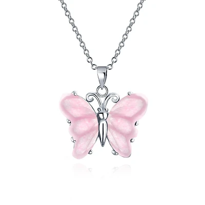 Bling Jewelry Light Pink Rose Quartz Garden Butterfly Pendant Necklace .925 Sterling Silver