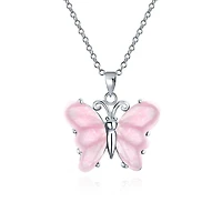 Bling Jewelry Light Pink Rose Quartz Garden Butterfly Pendant Necklace .925 Sterling Silver