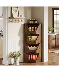 Tribesigns 4-Tier Fruit and Vegetable Storage Rack, 55.12" H Freestanding Open Storage Basket Stand, Wood Corner Vegetable Fruit Shelves