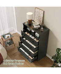 gaomon 4 Drawer Wood Dressers for Bedroom with Led Lights and Charging Station, Modern Nightstand for Bedside, Wooden Chest of Drawers