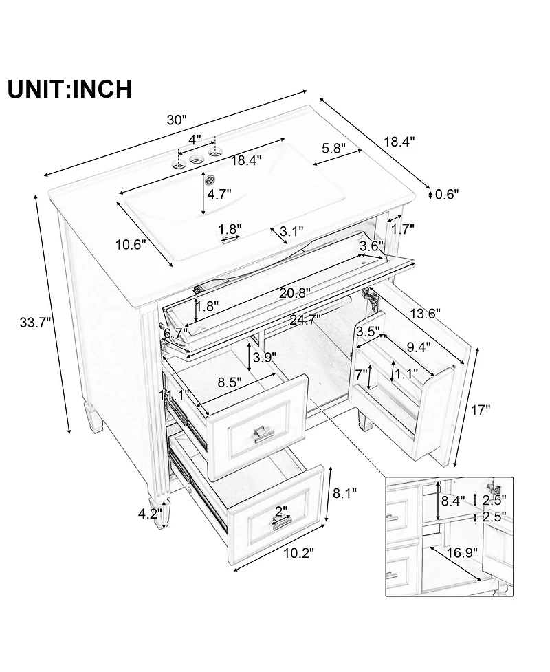 Cesicia 30 in. Bathroom Vanity Cabinet with Sink, One Flip Drawer and Two Drawers, Adjustable Shelf, Solid Wood Mdf