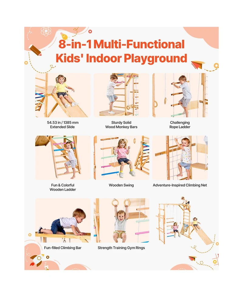 Slickblue Indoor Playground Jungle Gym, 8-in-1 Wooden Indoor Playground Playset