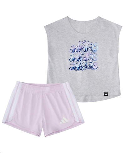 adidas Baby Girls' Back Pleated Short-Sleeve T-Shirt and Mesh Shorts, 2-Piece Set