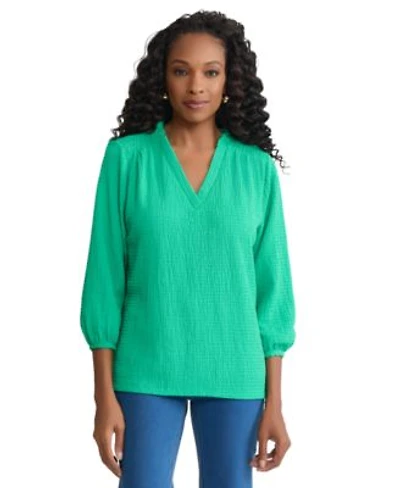 Jones New York Womens 3 4 Sleeve Smocked Shoulder Top