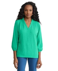 Jones New York Womens 3 4 Sleeve Smocked Shoulder Top