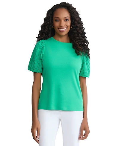 Jones New York Women's Eyelet Puff-Sleeve Crew Neck Top