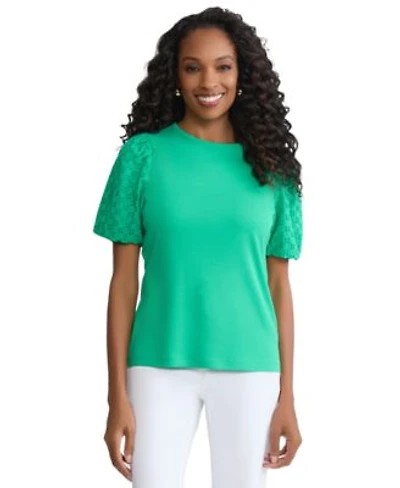 Jones New York Womens Eyelet Puff Sleeve Crewneck Top