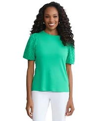 Jones New York Womens Eyelet Puff Sleeve Crewneck Top