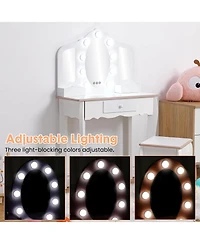 gaomon Kids Vanity Set with 3 Mirrors, Pretend Play Girls Table and Chair Lighted Mirror, Stool, Wood Makeup Playset