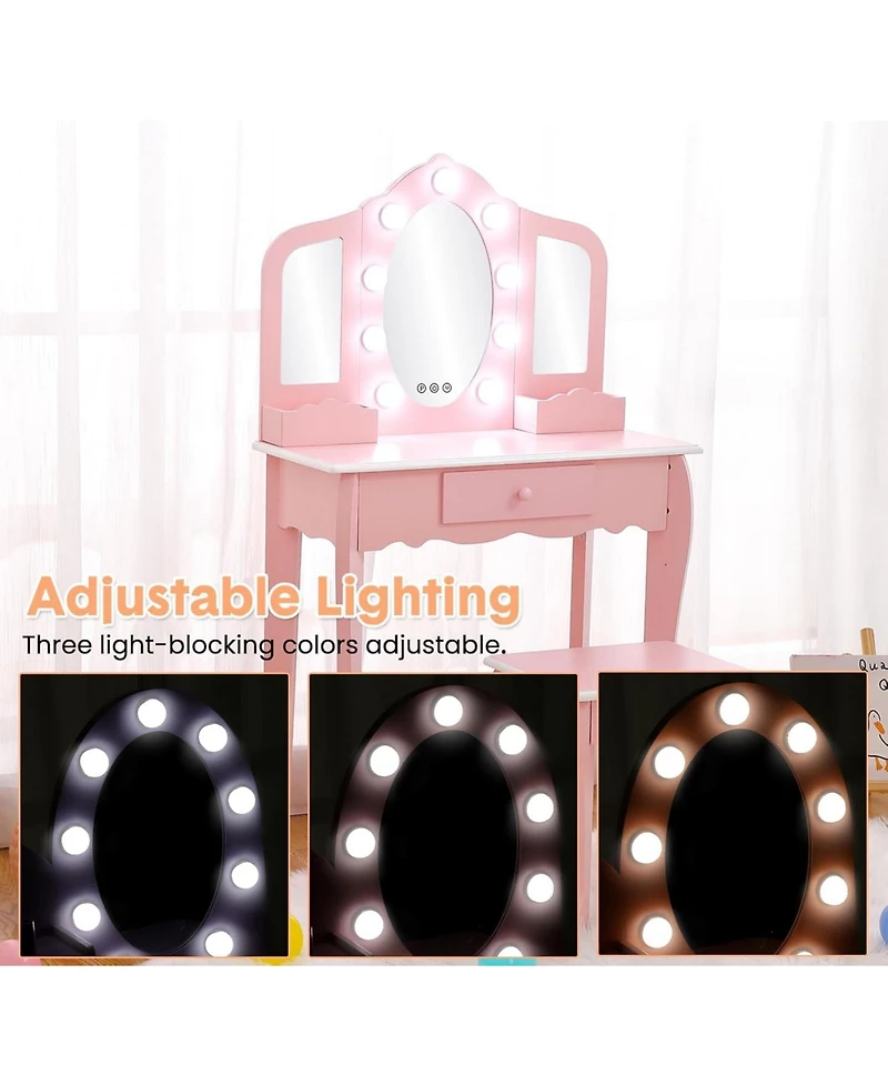 gaomon Kids Vanity Set with 3 Mirrors, Pretend Play Girls Vanity Table and Chair Set with Lighted Mirror, Stool, and Wood Makeup Playset