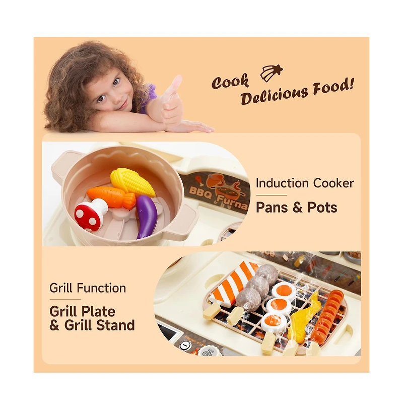 Bruce & Shark 36-Piece Grill & Cook Playset for Kids with Realistic Mist Spray & Sizzle Sound for Pretend Bbq