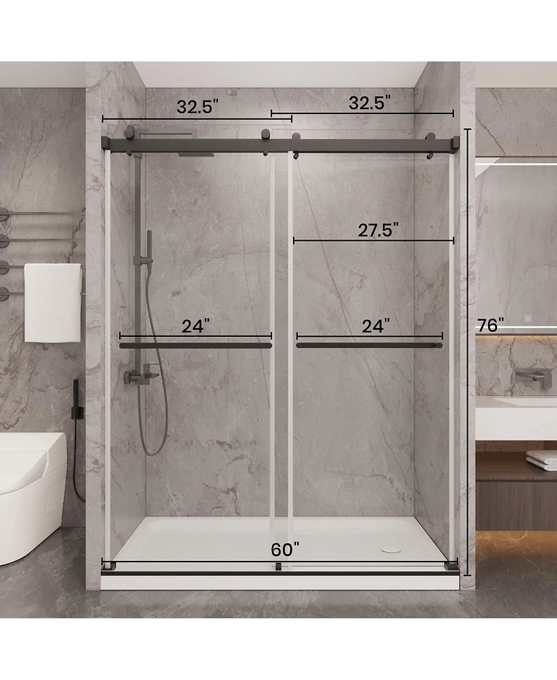 Lovmor 56 to 60in W x 76in H Frameless Shower Door Double Sliding Shower Door with Premium 6mm Thick Tempered Glass Stainless Steel Brushed Gold