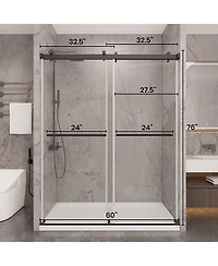 Lovmor 56 to 60in W x 76in H Frameless Shower Door Double Sliding Shower Door with Premium 6mm Thick Tempered Glass Stainless Steel Brushed Gold