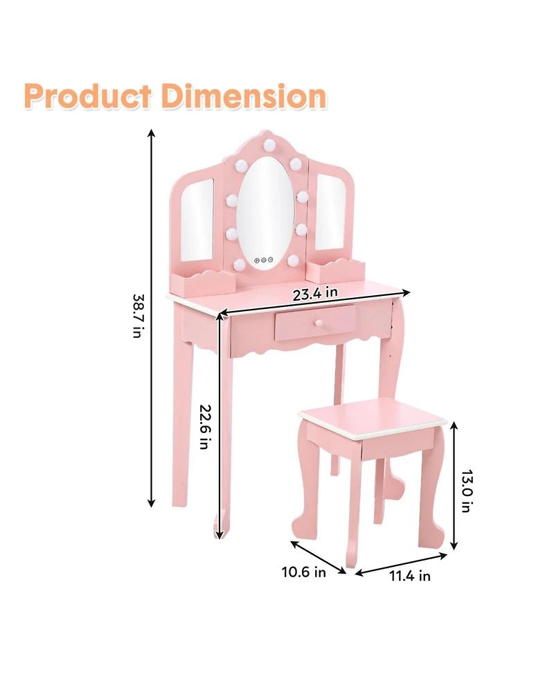 gaomon Toddler Vanity and Stool, Girls Vanity with 3 Mirror, Makeup Play Table for Girls 3