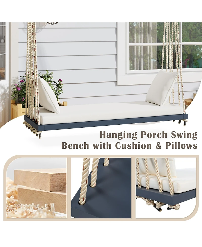 Flynama Patio Wooden Swing Chair, Hanging Porch Swing Bench with Cushion&Pillows, 10.8Ft Hemp Ropes for Garden,Backyard, Lawn,Gray