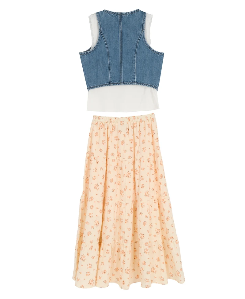 Rare Editions Girls' 7-12 Denim Sleeveless Vest, Cami Top and Printed Skirt, 3-Piece Set
