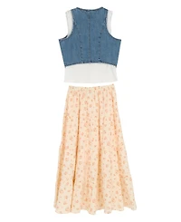 Rare Editions Girls' 7-12 Denim Sleeveless Vest, Cami Top and Printed Skirt, 3-Piece Set