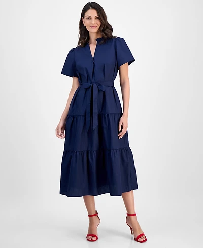 Robbie Bee Women's Puff-Sleeve Tiered Midi Dress