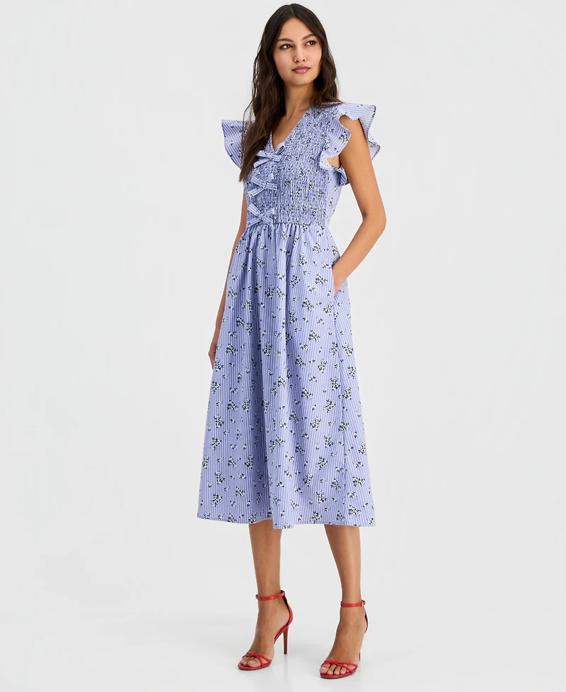 Robbie Bee Women's Printed Smocked Flutter Sleeve Midi Dress