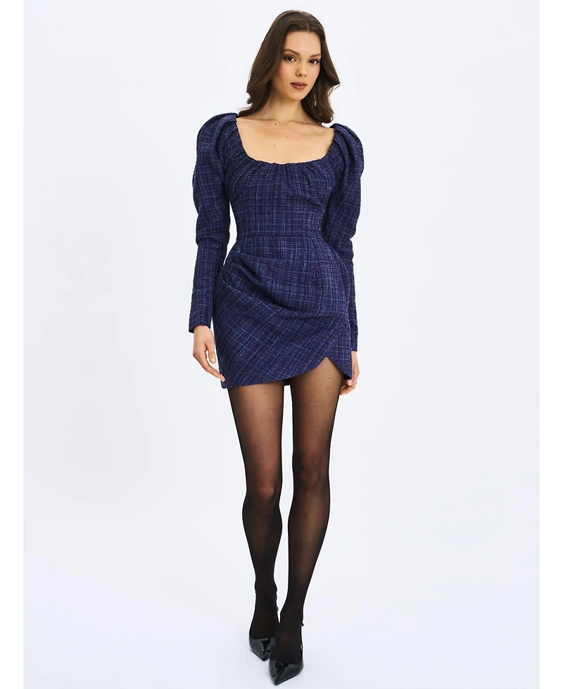 Miss Circle Women's Denise Navy Tweed Ruched Puff Sleeve Mini Dress