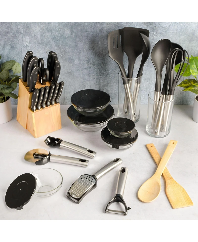 Gibson Home 95 Piece Cookware, Plates and Bowls Dinnerware, Cutlery Knife Block, Flatware Utensils, Tools & Gadgets, Storage, Glasses Set