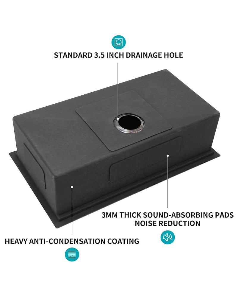 flynama 33inch Gunmetal Black Workstation Undermount Kitchen Sink 16G T304 Nano Stainless Steel Single Bowl 33x19x10inch with Full Accessories
