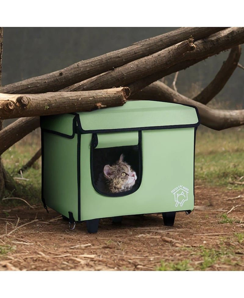 Mecale Elevated Heated Cat House with Timer, Adjustable Temperature, 900D Oxford Cloth Foldable Shelter with Heated Pad, Green, Small