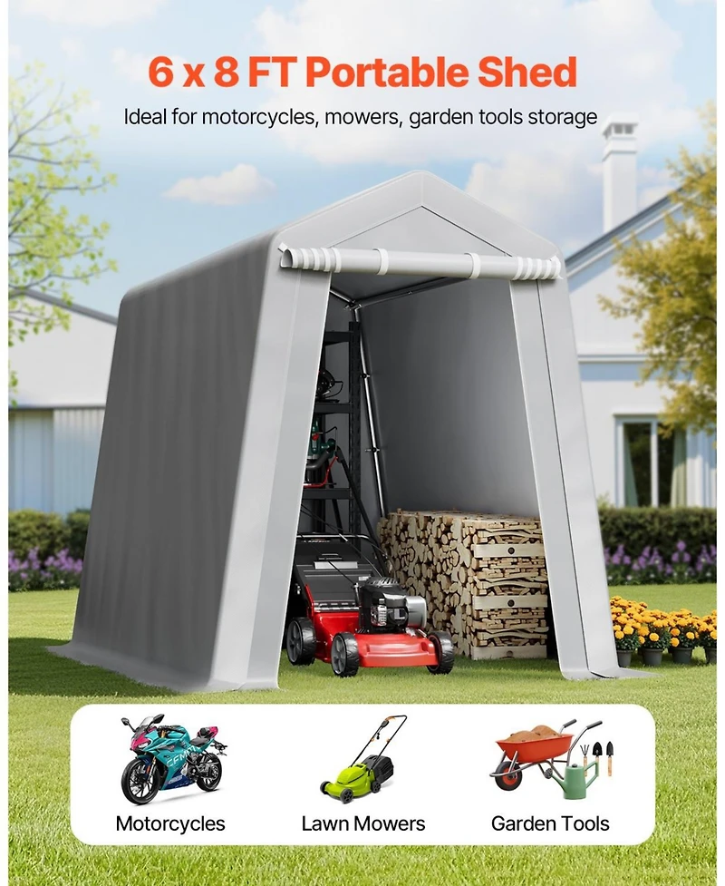 Mecale 6 x 8 ft Outdoor Storage Shed Tent, Waterproof Portable Storage Tent with Roll-Up Door and Vents, Heavy Duty Frame, Grey