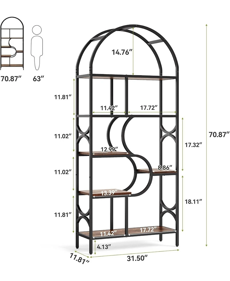 Tribesigns 6-Shelf Bookcase, 71" Industrial Arched Bookshelf, Farmhouse Freestanding Open Display Shelf, Tall Bookcase