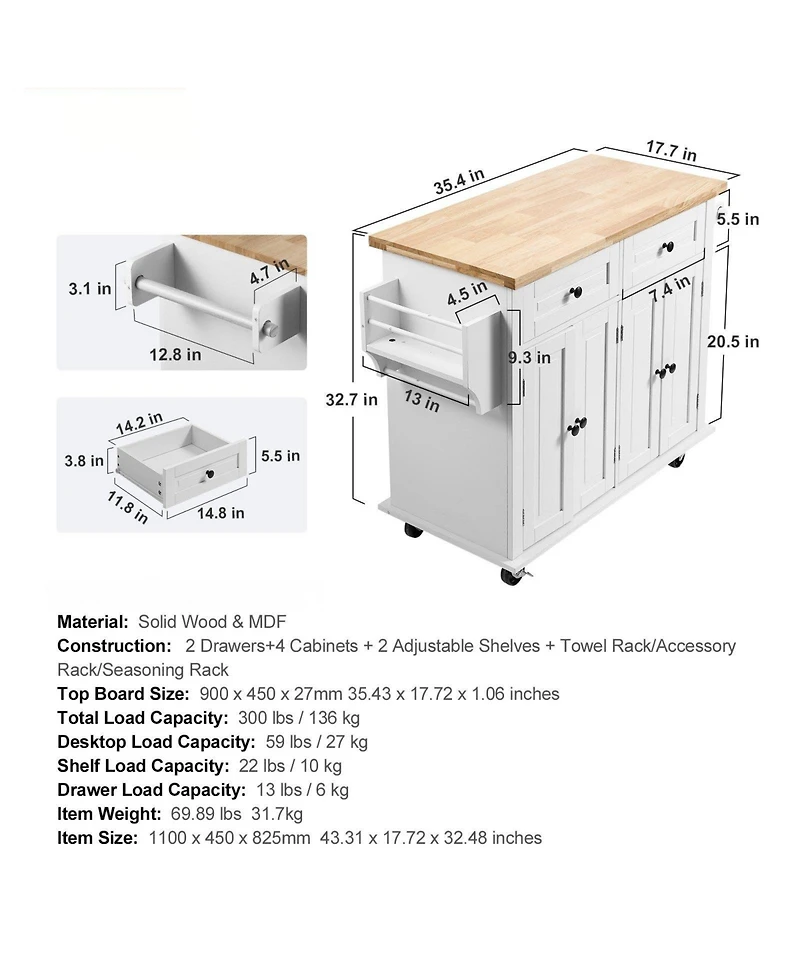 Volenca Kitchen Island Cart, 35.4" Rolling Storage Cart with Solid Wood Top, Drawer & Cabinet