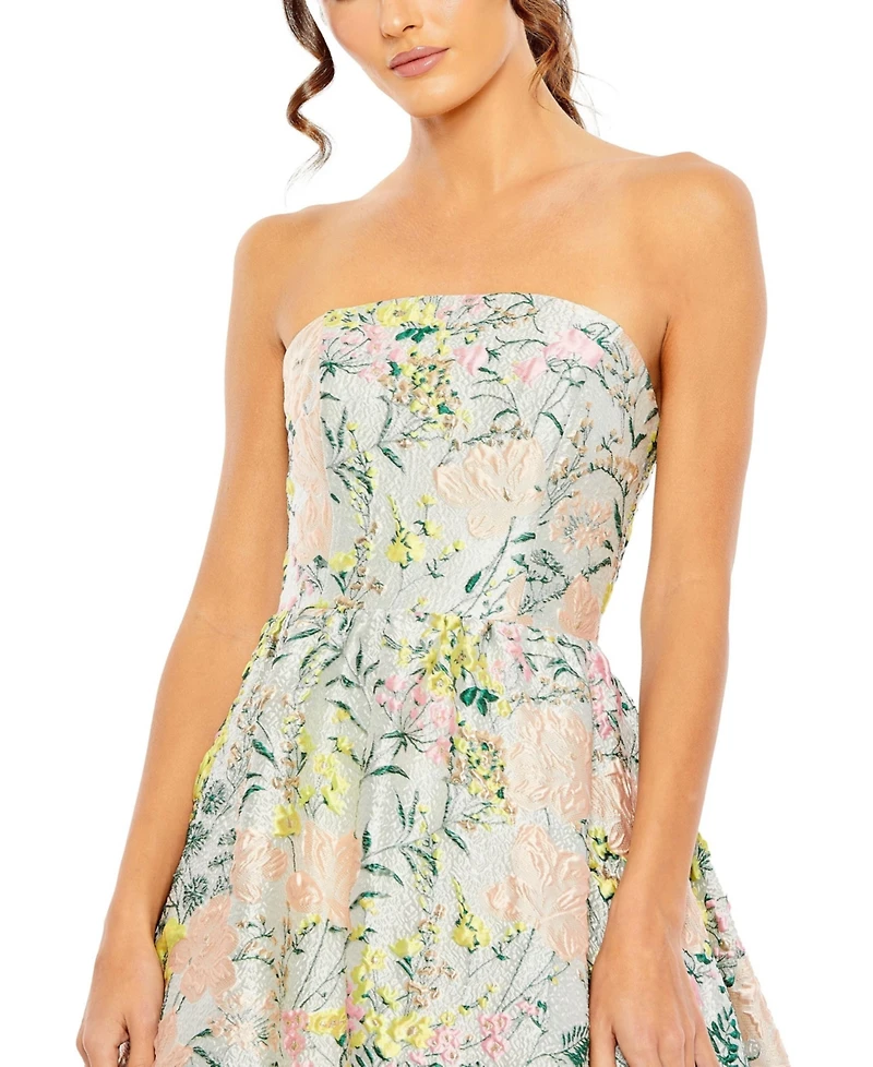 Mac Duggal Petite Floral Brocade Strapless A Line Gown