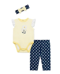 Little Me Baby Girls' Daisy Short-Sleeve Bodysuit, Leggings & Headband, 3-Piece Set