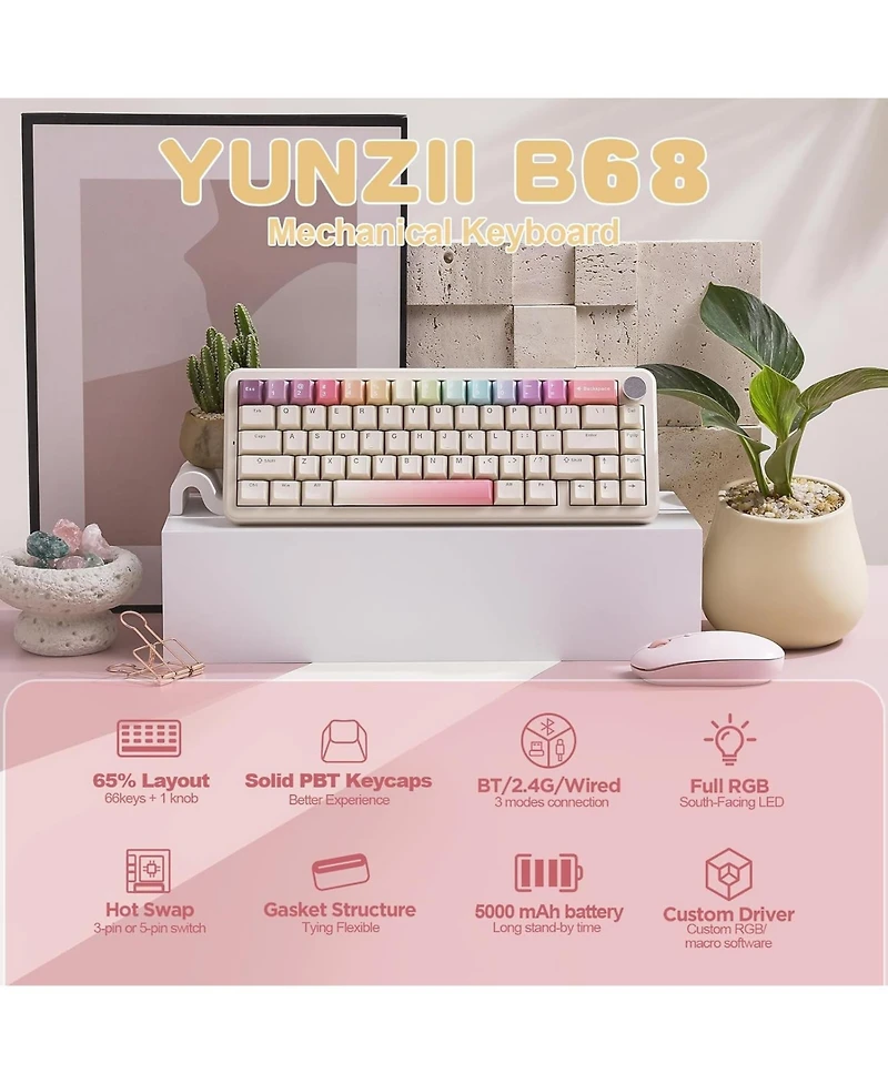 Lofree B68 Wireless Mechanical Keyboard,Tri-Mode BT5.0/2.4GHz/Usb-c,Cute Pbt Keycaps,Hot Swappable Creamy Typing Gasket (Cocoa Cream V2 Switch)