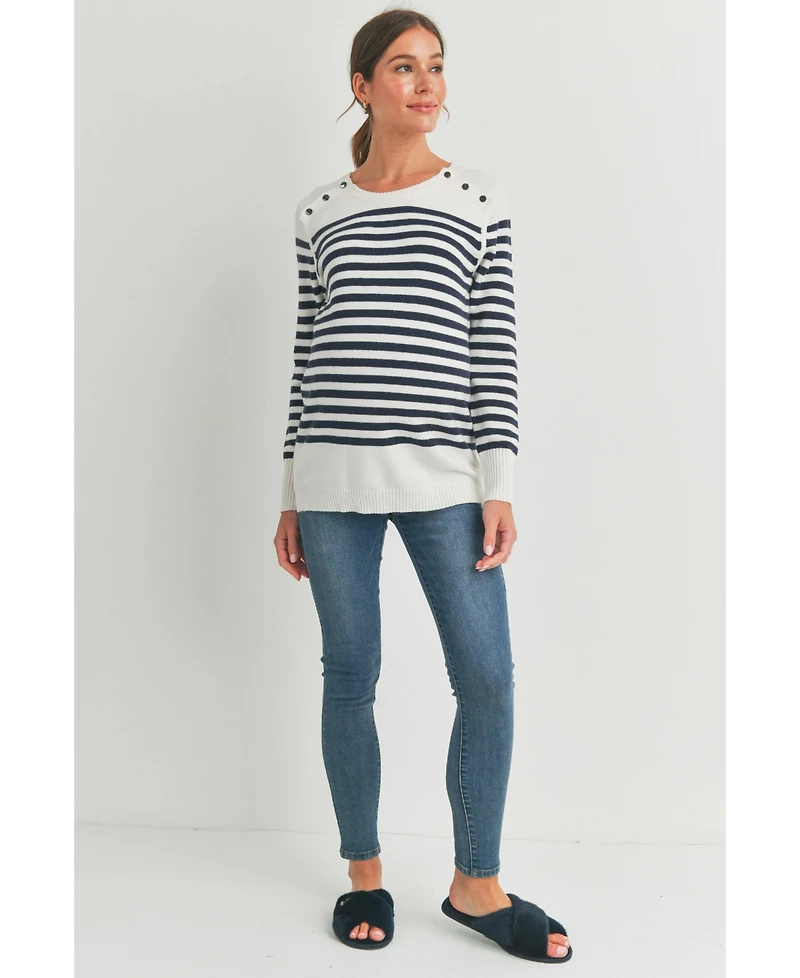 Hello Miz Maternity Striped Button Shoulder Nursing Sweater