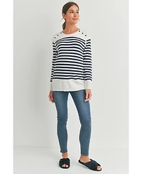 Hello Miz Maternity Striped Button Shoulder Nursing Sweater